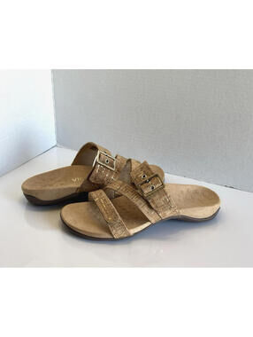 Vionic Skylar Women Sz 8 Tan Gold Cork Adjustable Slide Orthotic Comfort Sandals
